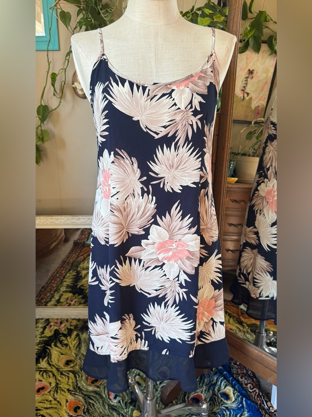 Loco Lindó Navy Floral Mini Slip Dress with Blush Blooms, size L